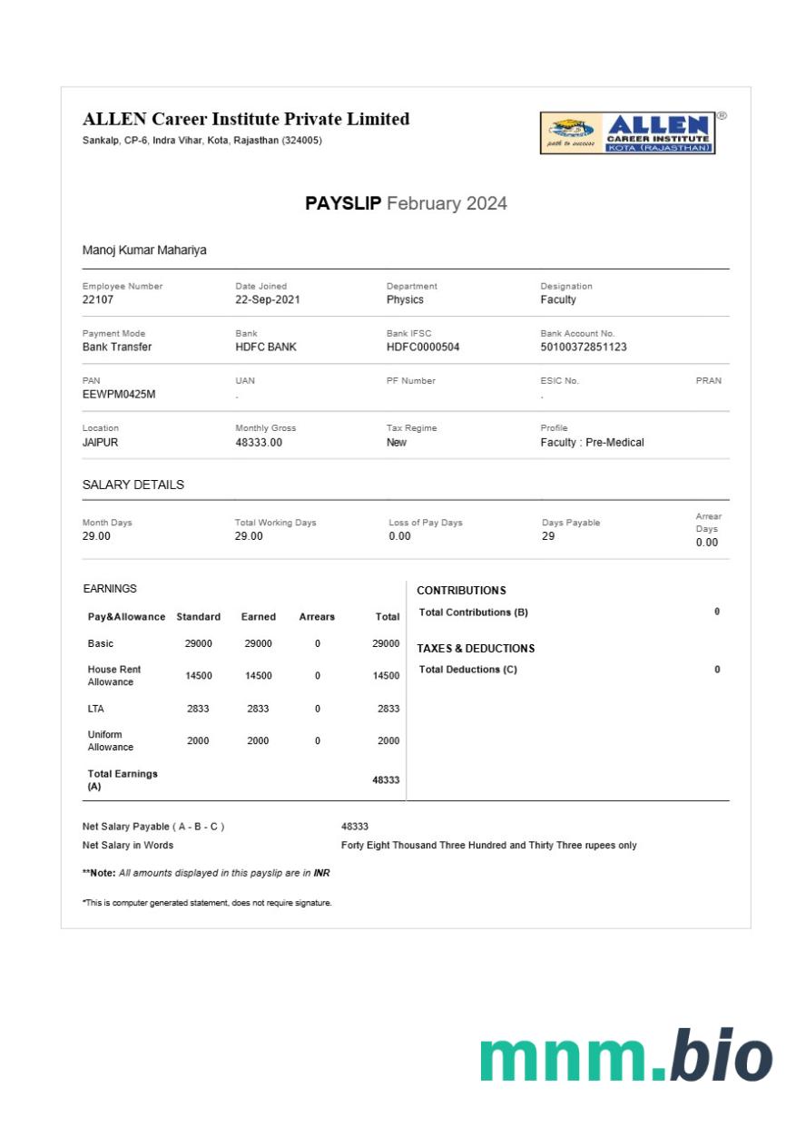 Szablon odcinka wypłaty ALLEN Career Institute w formatach Word i PDF